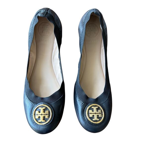 Tory Burch Claire Elastic Ballet Flats Shoes Perfect Black Gold Size 5.5 Comfort - Picture 1 of 10